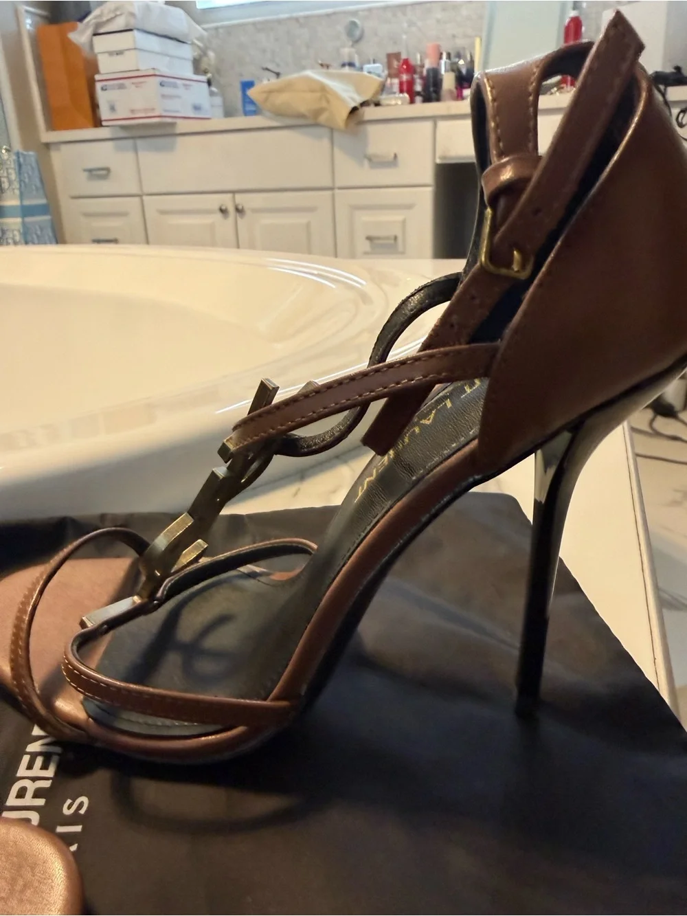 Saint Laurent Metallic Brown YSL Logo Strappy High Heels